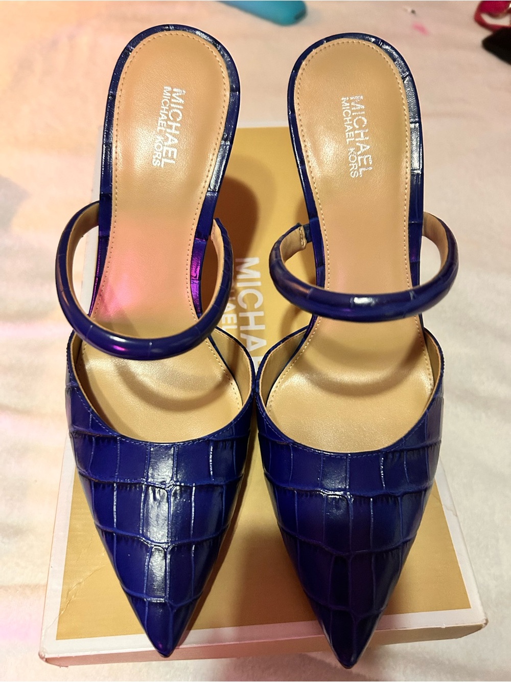 Michael Kors Cobalt Blue Croc-Embossed Pointed Jessa Mule Pump